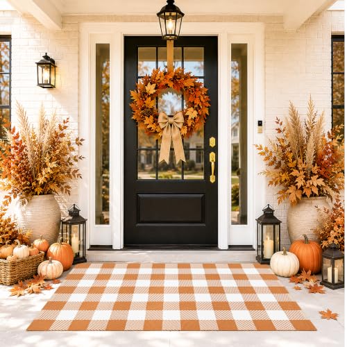 Fall Door Mat Caramel White Buffalo Plaid Rug 3x5 Layering Farmhouse Decor - Caramel & White