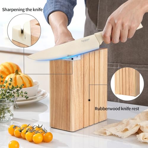 White Stem Wooden Seat 8-Piece Knife Set with Block & Built-in Sharpener