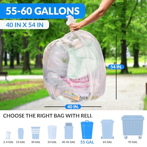 Heavy Duty 55-60 Gallon Trash Bags with Ties - 150 Clear Leak-Proof Garbage Bags