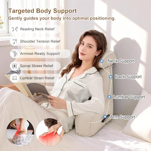 Ailuteie Beige Gray Large Reading Pillow for Sitting Up in Bed Backrest with Arms & Washable Cover