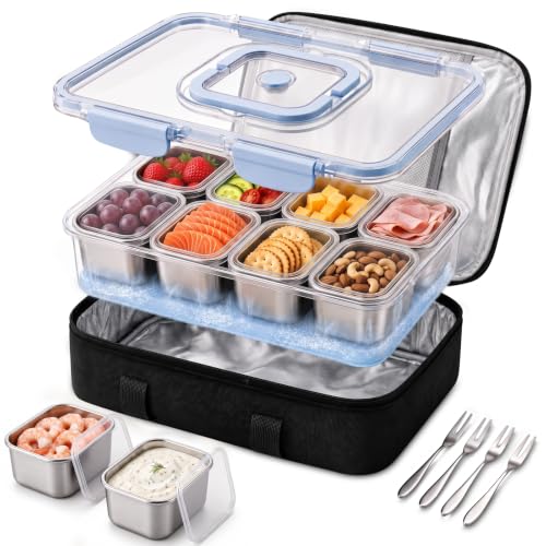 Insulated Snack Box with 8 Stainless Steel Cups & Ice Pack - Kids Travel & Picnic Container Variation of 8 Compartment With Ice Pack
