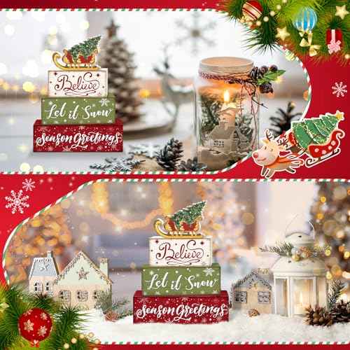Britimes 4 Pcs Sleigh Christmas Tree Wooden Tiered Tray Decor Set, Farmhouse Rustic Holiday Decorative Stack Block Sign Wonderful Time Table Centerpieces for Home Shelf Table Decorations (Sleigh Tree)