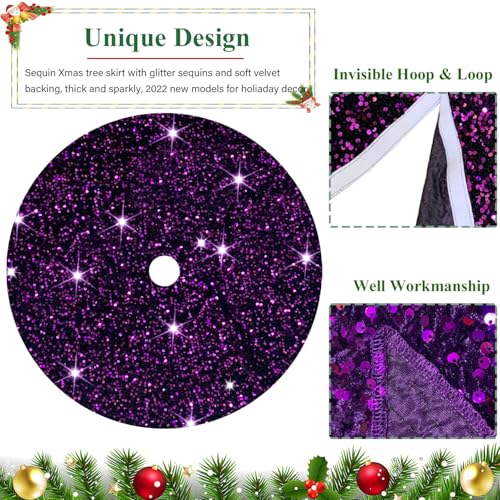 FUHSY Purple 48in Tree Skirt with Sparkly Sequin Velvet - Halloween Christmas