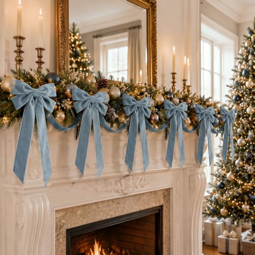 Dusty Blue Velvet Christmas Bow Garland 10 ft for Mantle Decor, Holiday Home Decoration