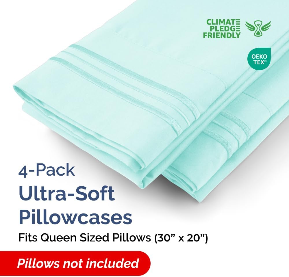 Skiennix Queen Pillow Cases Set of 4 - Ultra Soft Hotel Quality - Wrinkle Free & Fade Resistant - Spa Blue