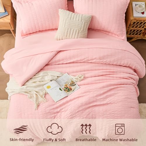 FUANNA Queen Comforter Set 7 Pieces Pink Seersucker Bed in a Bag - Variation 01
