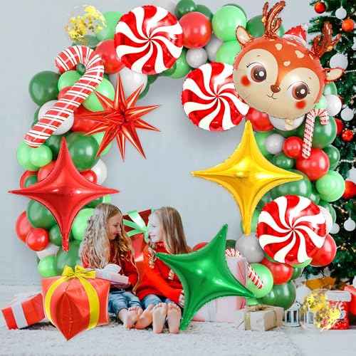 149 PCS Christmas Balloon Garland Arch Kit, Classic Red Green Gold White Latex Christmas Balloons with Gift Box Red Star Candy Cane Foil Balloons for Merry Christmas Party Decorations Supplies