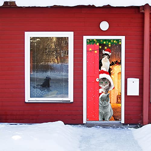 Funny Cats Christmas Door Banner - Santa Cats Decoration 6.6 x 3 ft
