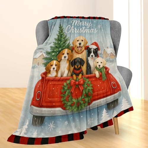 Ti Caldi Christmas Dogs Blanket 60x50 in Red Truck Flannel Cozy Throw for Couch Bed