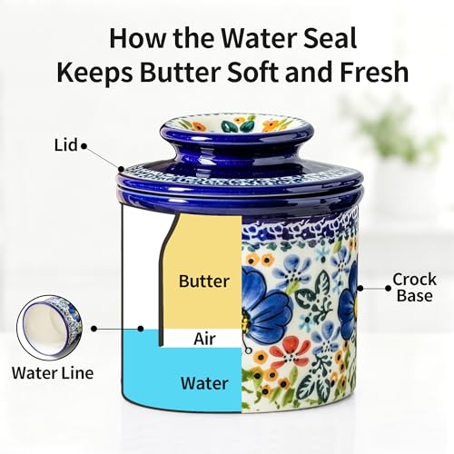 Blue Lily Ceramic Butter Crock with Lid - French Style Countertop Butter Keeper