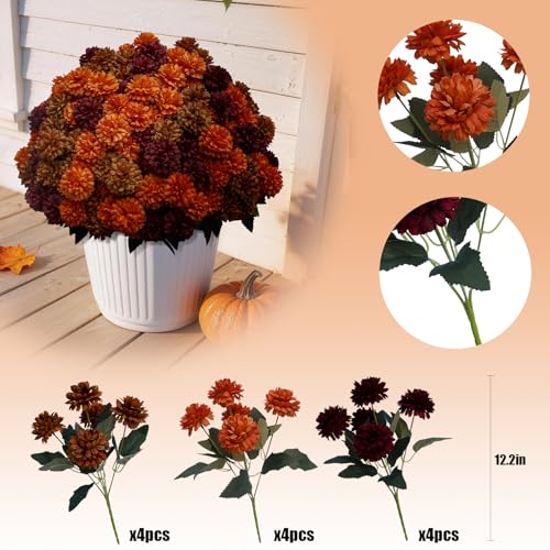 HIFORESTAR Mix Color 12 Bundles Artificial Fall Chrysanthemum Flowers Outdoor UV-Resistant Faux Plants