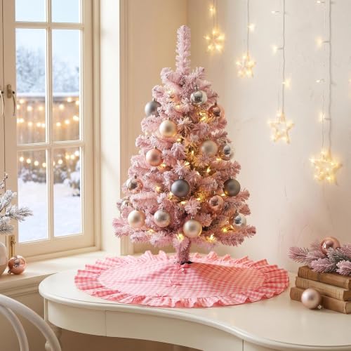 Pink Gingham Christmas Tree Skirt 24 Inch with Ruffle - Farmhouse Holiday Decor