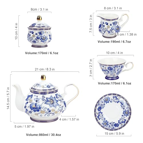 Fanquare Blue Vine Porcelain Tea Set for 6 with Teapot & Gold Rack, British Style