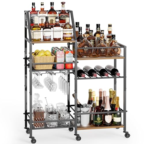 Large Black & Brown Rolling Bar Cart with Wine Glass Holder and 4-Bottle Wine Rack