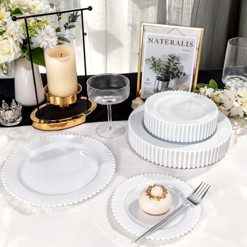Disposable White Plastic Plates - Beaded Edged, Heavy Duty, 60pcs - Elegant Partyware