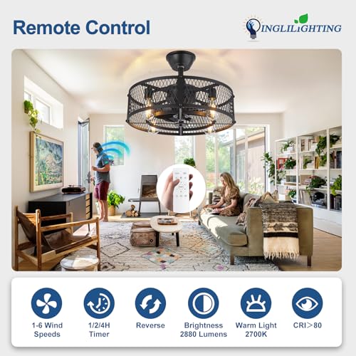 20-Inch Farmhouse Caged Ceiling Fan with Light and Remote Control - Black Rustic Style