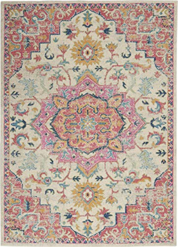 Nourison Passion Ivory Pink Rectangular Area Rug 6'7" x 9'6" - Easy Clean, Non Shedding, Living Room, Bedroom