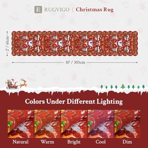 RUGVIGO 2x10 ft Red Christmas Runner Rug - Holiday Scalloped Non-Slip Washable Floor Mat for Entryway & Kitchen