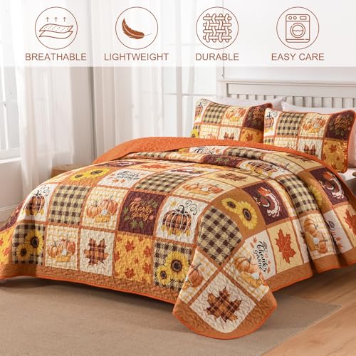 Fall Patchwork Quilt Set Queen - Thanksgiving Pumpkin & Maple Leaves Bedding