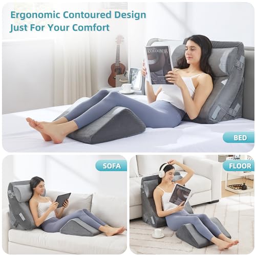 Grey 4-Piece Orthopedic Wedge Pillow Set for Sleeping & Post-Surgery Support