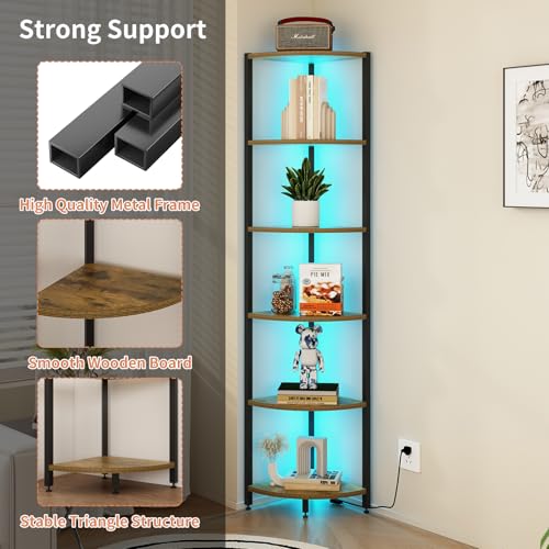 Rustic Brown 6-Tier Corner Shelf with LED Lights - 65 Inch Tall Narrow Storage Rack