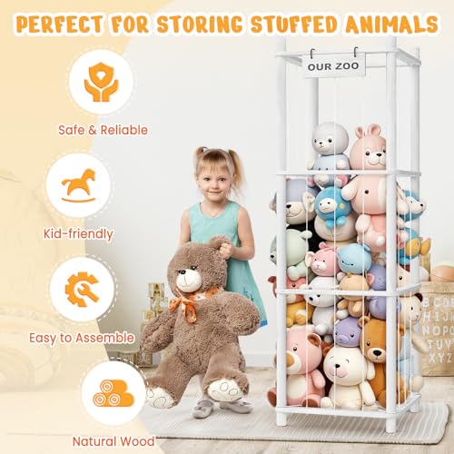 Woodure Wooden Stuffed Animal Storage & Organizer - White Toy Zoo for Toddler Rooms