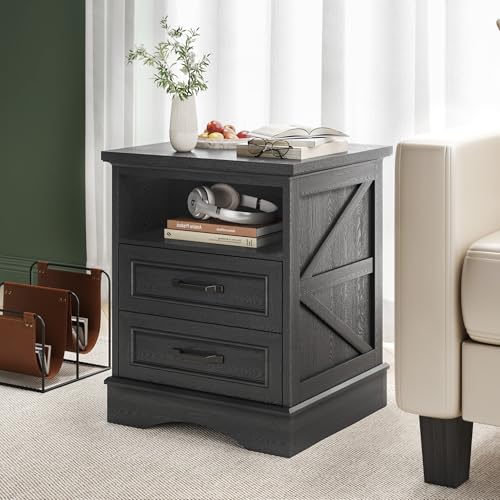Fluest 24-Inch Farmhouse Nightstand with Fast Charging Station, Rustic Black