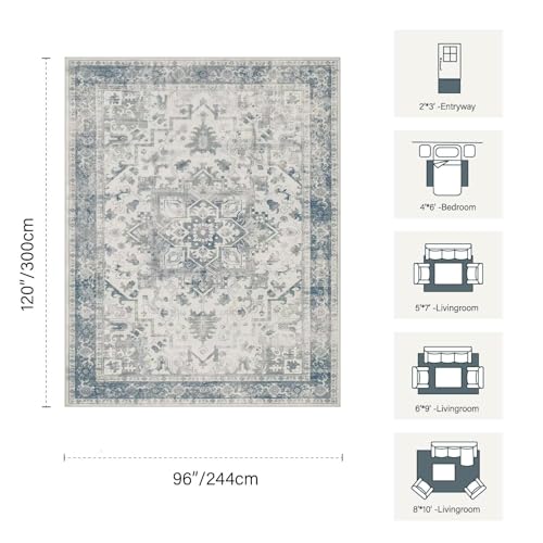 Blue & Grey 8x10 Boho Vintage Area Rug - Washable Non-Slip Living Room Carpet