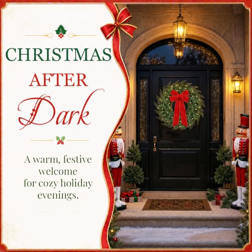 Presentastic 26 Inch Green Cedar Pine Christmas Wreath Pre-Lit with Red Velvet Bow
