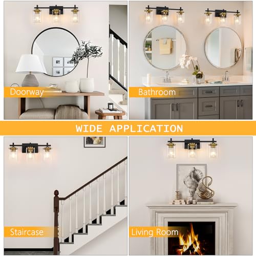 Black and Gold Bathroom Light Fixtures - 3-Lights Vanity Wall Sconces with Square Glass Shades - Variation of THIS listing