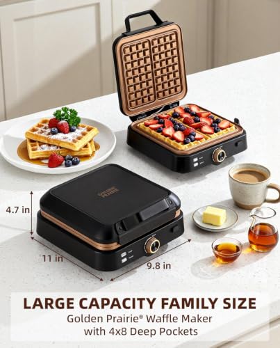 Large Belgian Waffle Maker with Copper-Coated Non-Stick Plates & Stepless Temp Control