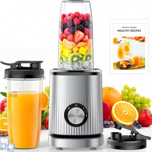 Turelar Silver Grey Smoothie Blender with 2 16.9oz To-Go Cups - Portable Personal Blender for Shakes & Smoothies
