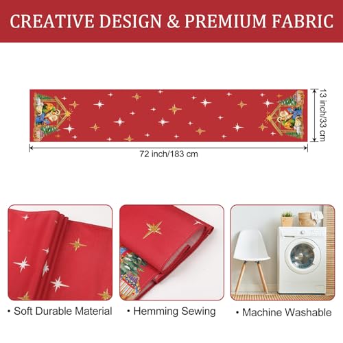 Bonhause 13x72 Inch Jesus Nativity Table Runner, Red Christmas Indoor/Outdoor Decor