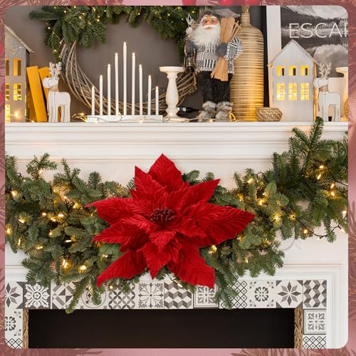 Suncalla 16-Inch Velvet Poinsettia Christmas Tree Topper - Classic Red
