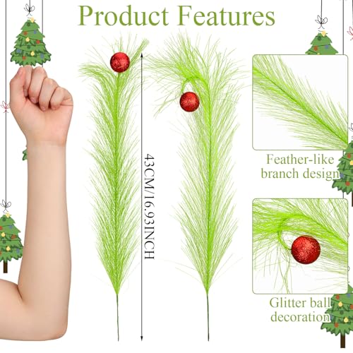 8 Pcs Christmas Tree Topper 17'' Lime Green Curly Tree Picks and Sprays with Red Ball Xmas Artificial Green Greenery Stems for Christmas Home Wreath Craft Vase Fillers Decoration Supplies
