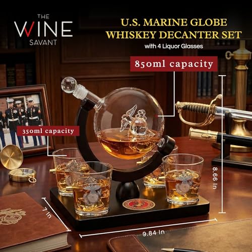 USMC Whiskey Decanter Set with Globe & Glasses - Military Gift for Men