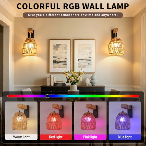 Rattan Battery Wall Sconce 2 Pack, Remote Dimmable, Matte Black