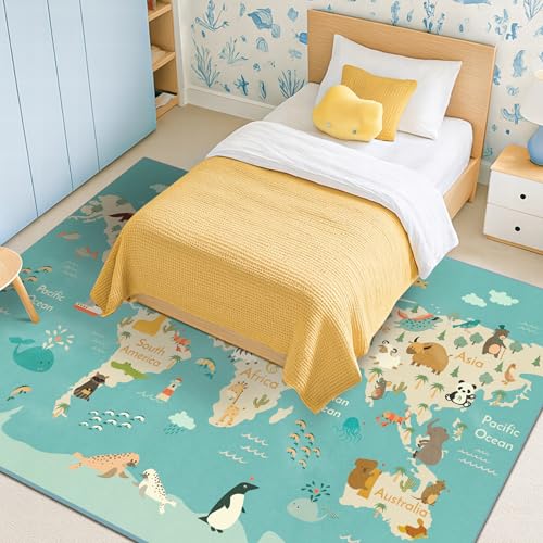 Kids Playroom Rug - Blue Planet Safari 5x8 Educational Animal World Map Non-Slip & Washable