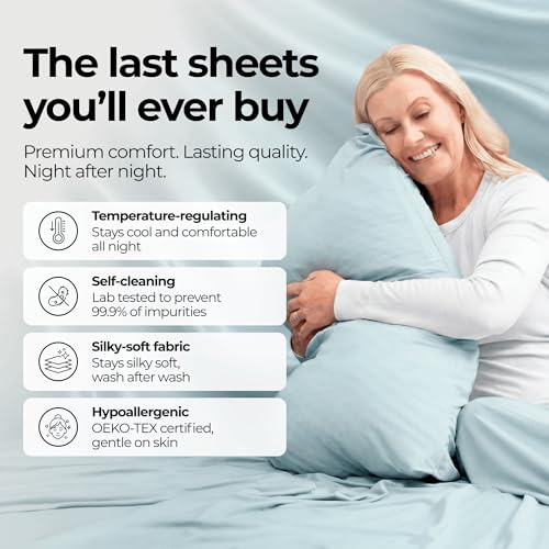 Ice Blue Silvery Silver Infused King Bed Sheets Set - Ultra-Soft Temperature-Regulating & Self-Cleaning Technology