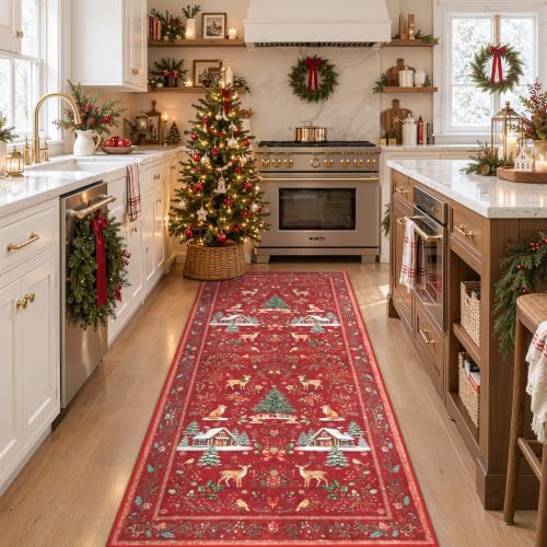 RUGVIGO Christmas Runner Rug 2' x 6' Non-Slip Washable Red