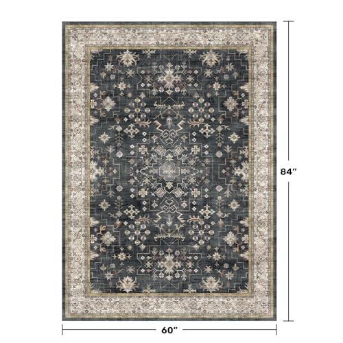 Ashen Multi 5x7 Boho Living Room Rug - Washable Vintage Non-Slip Carpet