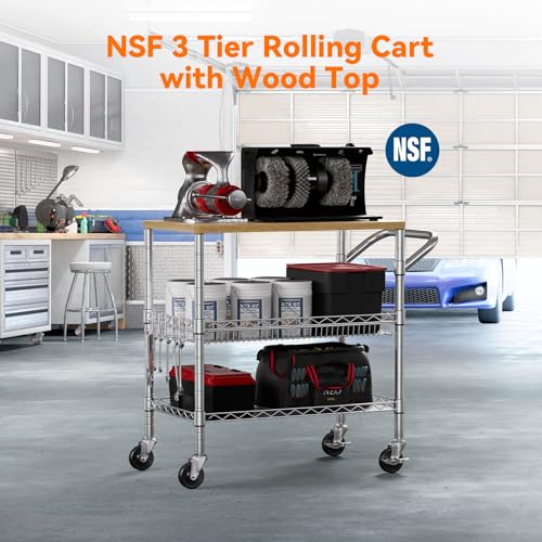 Heavy Duty 3-Tier Rolling Utility Cart with Wooden Top - Chrome & Wood Variation