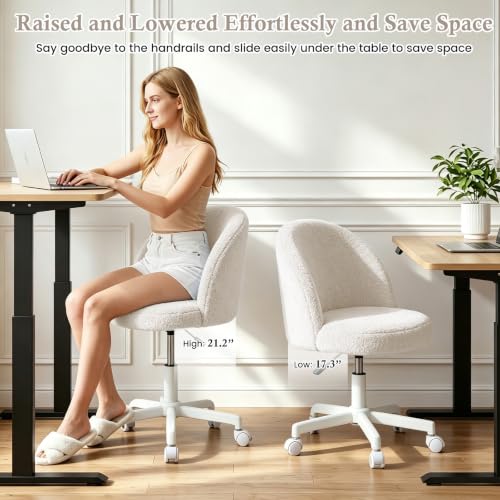 White Vanity Chair with Backrest - Girls Desk Stool, Adjustable & Swivel
