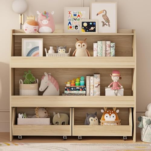 Medium Toy Storage Organizer with 3 Shelves and Rolling Bins - Wood