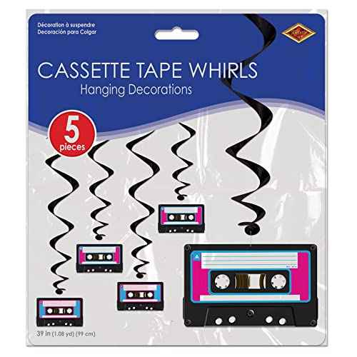 Beistle 5 Piece 80's Theme Cassette Tape Hanging Swirl Decorations, Retro 1980's Party D?cor Whirls