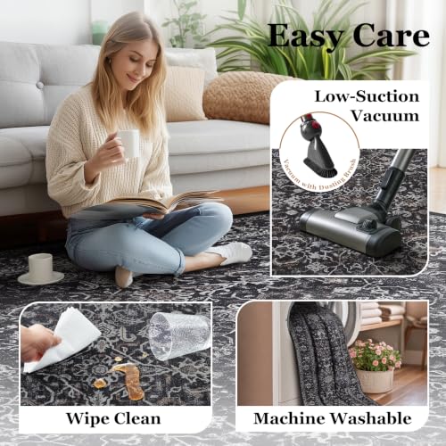 Dark 5x7 Area Rug for Living Room & Bedroom, Washable Non Slip Vintage Farmhouse Style - Midnight Variation