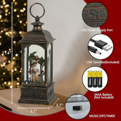 Eldnacele Bronze Nativity Snow Globe Lantern with 6 Hour Timer - USB/Battery Operated