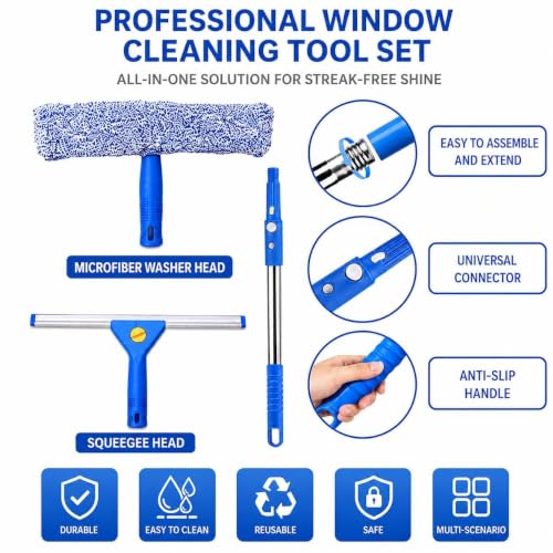 XHMAXE 76-Inch Adjustable Window Squeegee & Bucket Cleaning Kit with 14" Silicone Blade