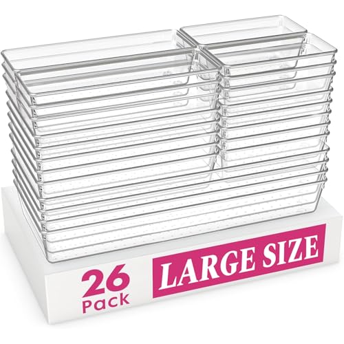 26 Pack Large Clear Drawer Organizer Bins - Versatile Kitchen, Bathroom & Office Storage