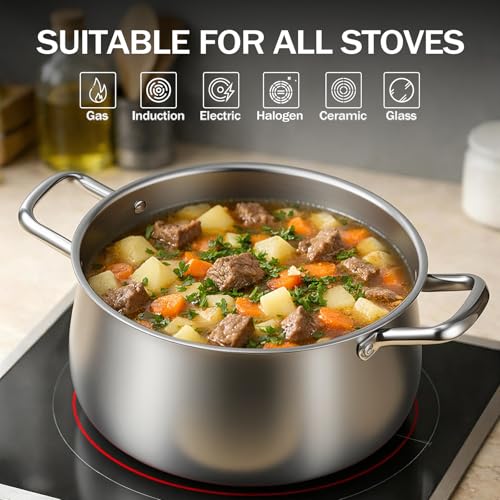 8QT Tri-Ply Stainless Steel Induction Stock Pot with Lid - Heavy Duty Cooking